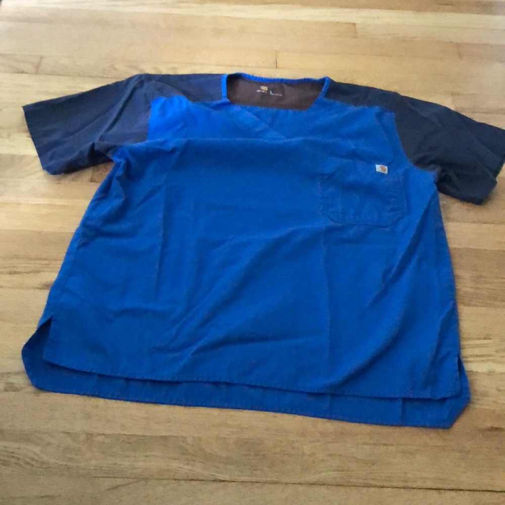 Carhartt Womens Colorblock Short Sleeve Scrub Top Blue and Brown Large